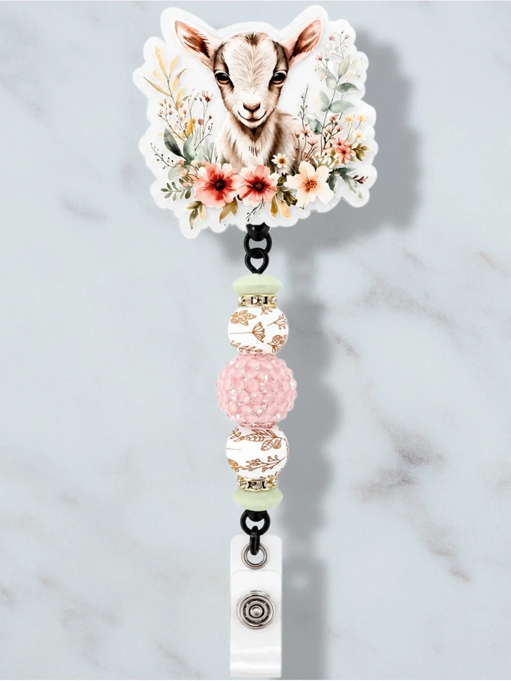 Goat Floral Beaded Badge Reel
